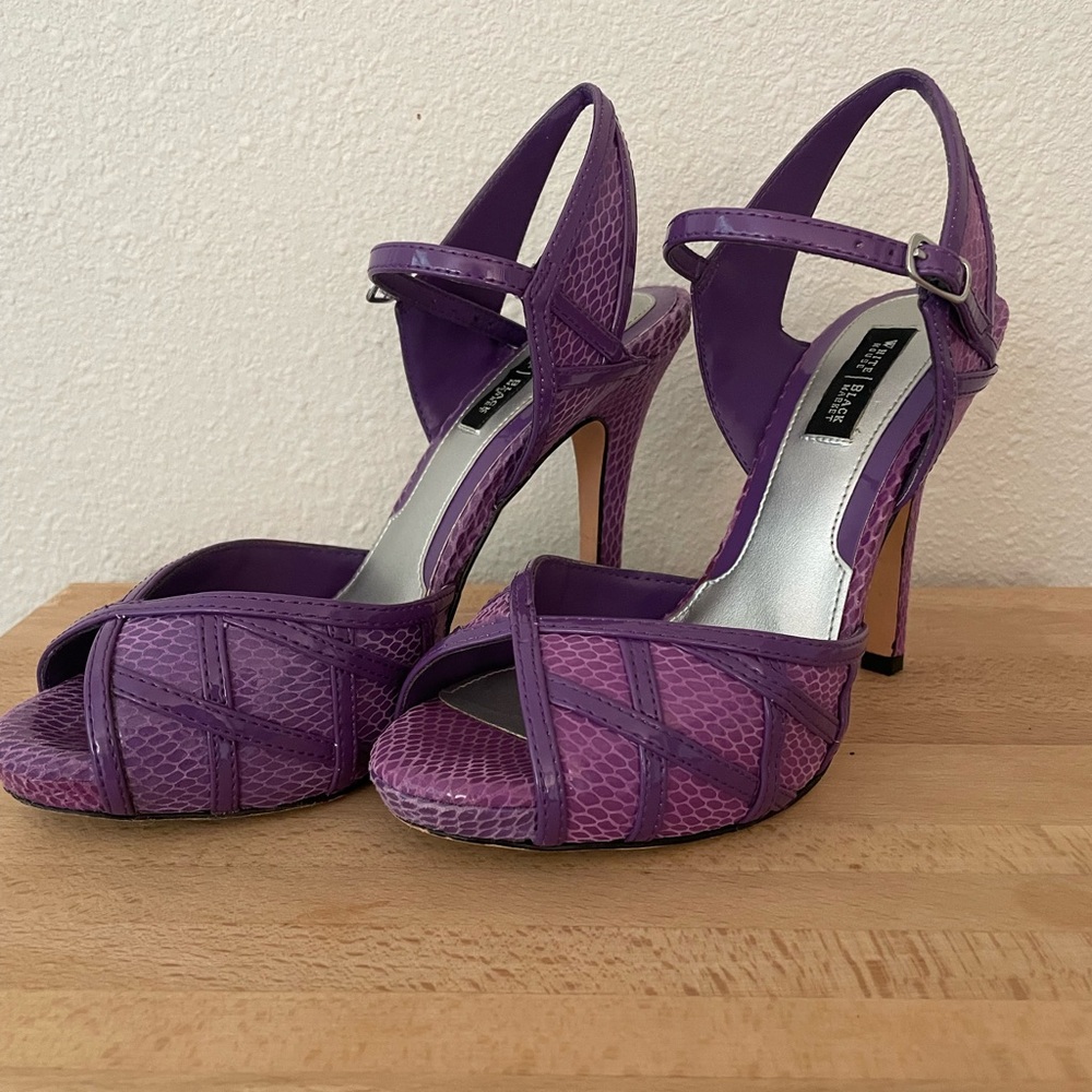 White House Black Market purple snakeskin heels